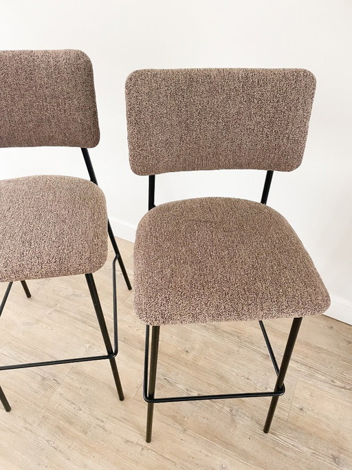 Reupholstered bar stool - brown bouclé - 2 pieces