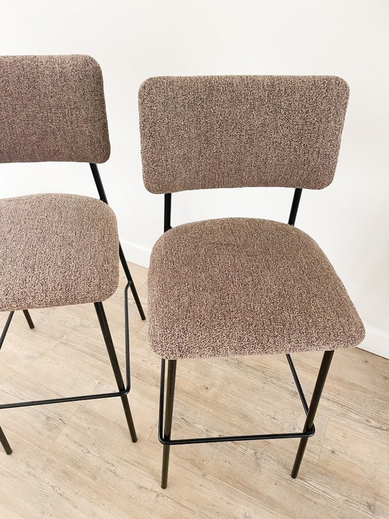 Image 1 of Reupholstered bar stool - brown bouclé - 2 pieces