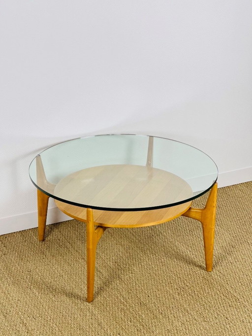 Vintage circular coffee table in beech and glass, 1960