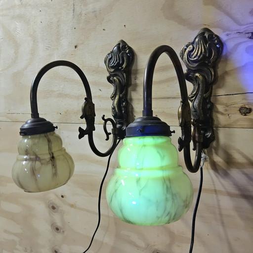 Set (2x) Antieke Art Nouveau Uranium Glas Wandlampen Vis Vorm (Gemarmerde Glas) – Copper