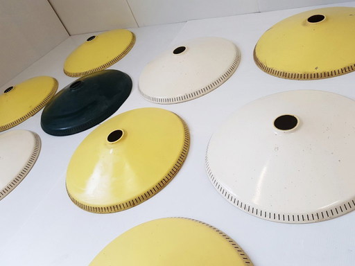 LOUIS KALFF: PHILIPS: 9 OXFORD LAMPENKAP REFLECTOREN 1950 VINTAGE 50'S KANELEN