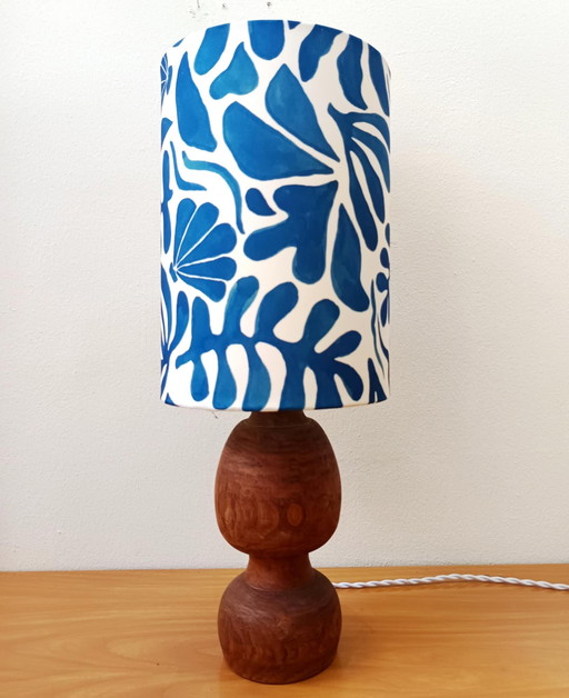 Brutalist wooden lamp with custom-made shade
