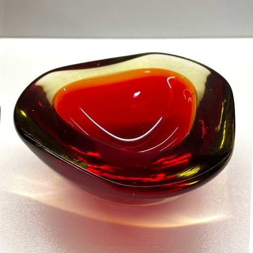 Mid-Century Murano Sommerso Glass Bowl / Vide Poche (Ruby Red & Amber, 1960s)