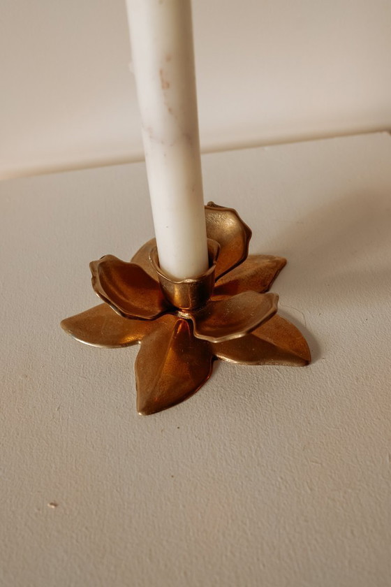 Image 1 of Set of 2 vintage brass flower candlesticks