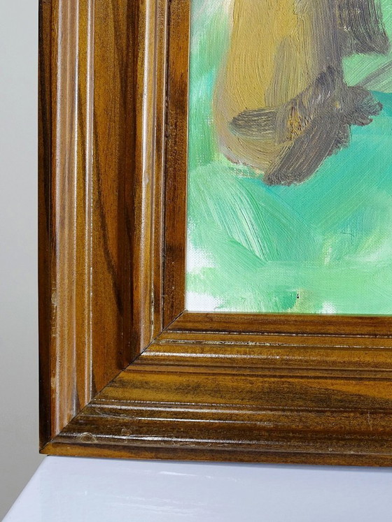 Image 1 of Vintage portrait "The Woman in Green", oil on canvas board, wooden frame
