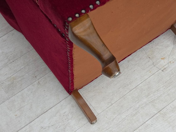 Image 1 of 1960s, Danish highback wingback armchair, cherry-red furniture velour.