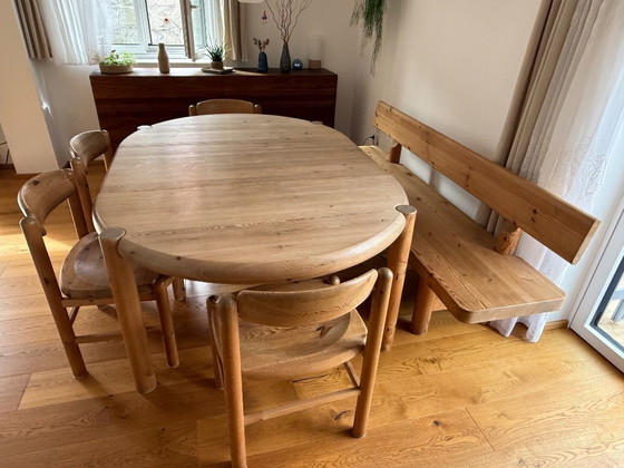 Image 1 of Rainer Daumiller massief houten eetkamerset: eettafel, bank, 5 stoelen