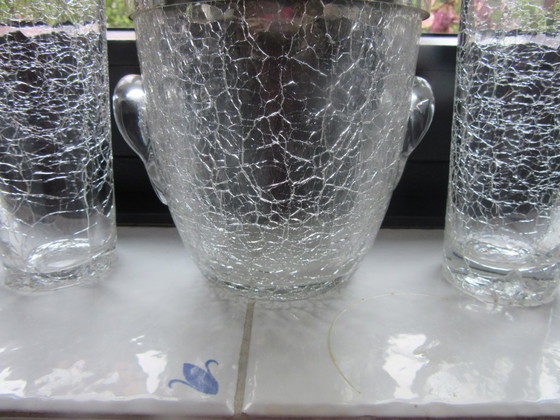 Image 1 of Crackle Glass Ice Bucket and 2 Matching Long Drink Glasses, mid century modern