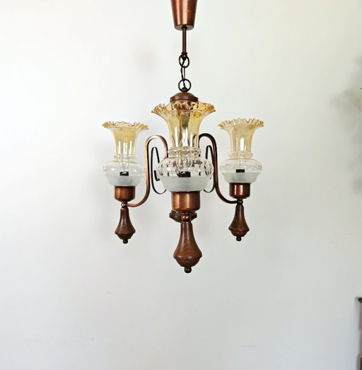Vintage Amber Glass Chandelier / 1970s Yugoslavia Pendant Light / Mid Century Modern Ceiling Lamp / Wood & Copper Lighting 