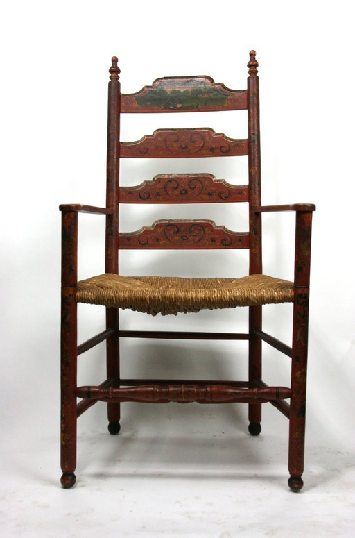Fauteuil ancien Hindelooper à décor de paysage peint — art populaire frison — vers 1780-1850