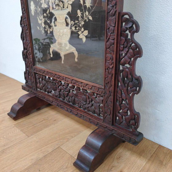 Image 1 of Paravent de cheminée ancien asiatique en bois, paravent décoratif