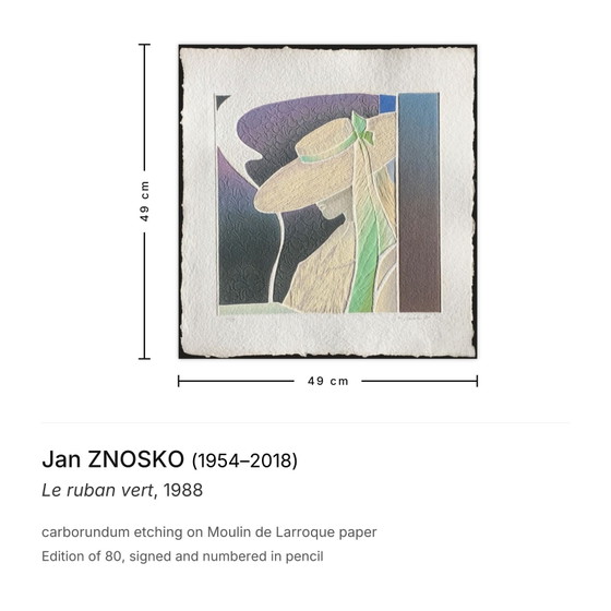 Jan ZNOSKO Firmado Carborundo Grabado Le Ruban Vert 1988 – Litografías y grabados, Paper (photo 3 of 5)