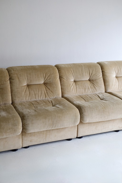 4-seater modular sofa, beige velvet, 60s/70s
