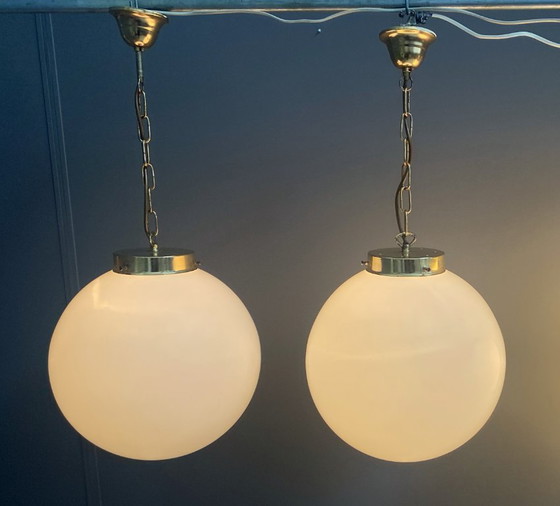 Image 1 of Sphere opal glass hanging lamps 1970s by Kamenicky Senov