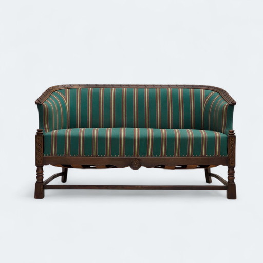 1950s, Danish 2-seater sofa, green furniture wool, oak wood.