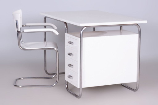 Gerestaureerd Bauhaus schrijfbureau met stoel, chroom, staal, hout, Tsjechisch, jaren 1930 – Metal, Wood (photo 2 of 7)