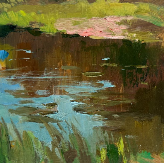 Image 1 of Original Oil Painting Summer River Landscape Summer in green banks