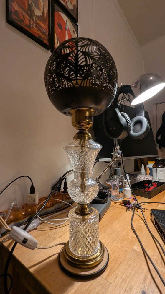Metal and Glass Table Lamp with Cut-Out Shade, Gold, Vintage (photo 6 of 7)