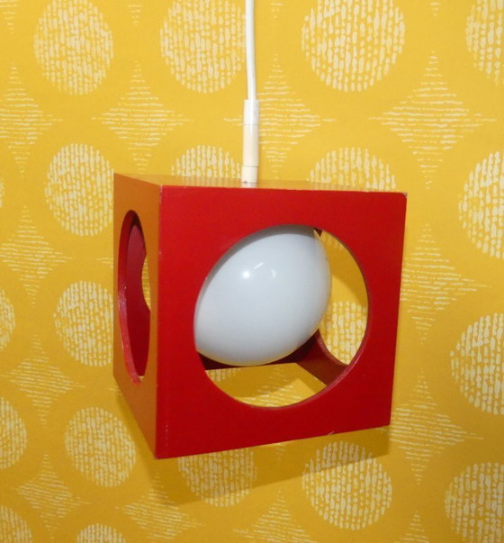 Image 1 of 70s hanglamp kubus blauw hout opaal glazen bol "Richard Essig" vintage retro