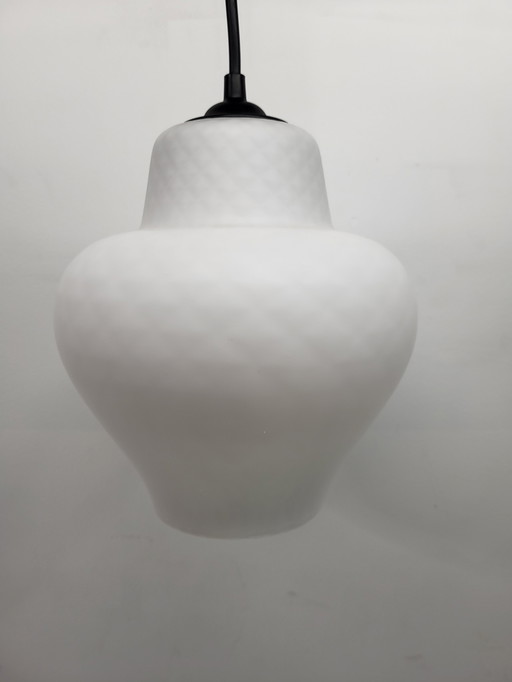 Vintage Glass Pendant Lamp, Opaline White With Relief Texture, 1980s