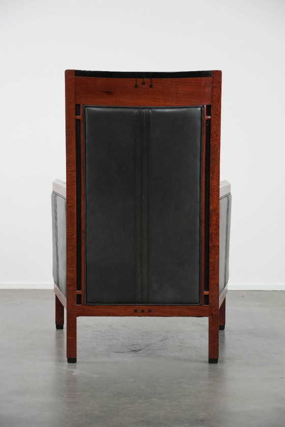 Image 1 of Zwarte Art Deco rundleren en houten Schuitema design fauteuil uit de Decoforma serie met een hoge rug