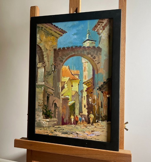 Dipinto ad olio originale Paesaggio urbano diurno Vecchia strada della città