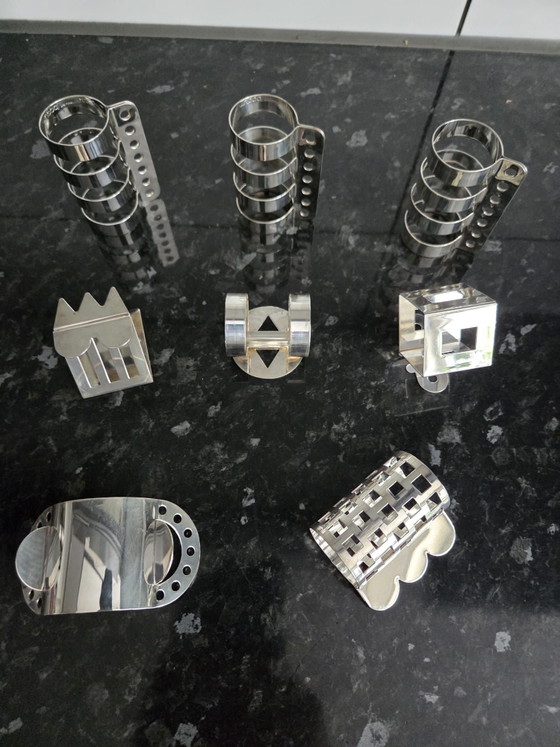 Vintage BODUM Napkin Rings Set (8 pcs), Memphis Design 80s/90s RARE, Table accessories, rvs, Silver (photo 3 of 5)