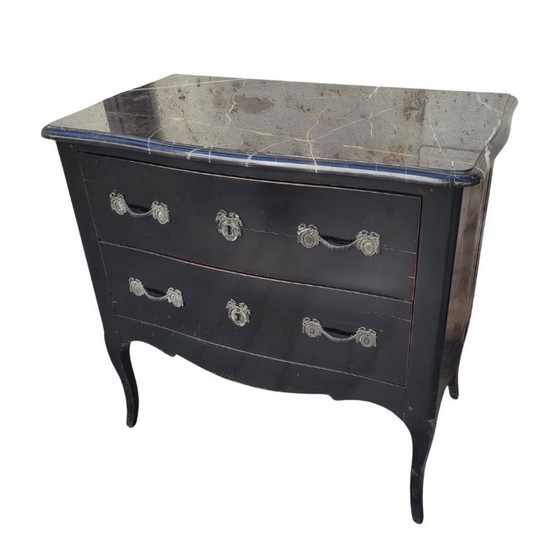 Image 1 of Black Louis XV style chest of drawers, ebonized wood and marble, Vintage, 20th century – France