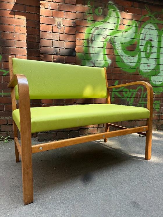 Panca vintage in legno di faggio | Vera pelle verde pistacchio e madreperla – Panche, Wood, Leather (photo 8 of 10)