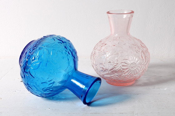 Image 1 of Set of 2 Vintage Pressed Glass Vases, Blue & Pink Floral Set, Italy 1960s