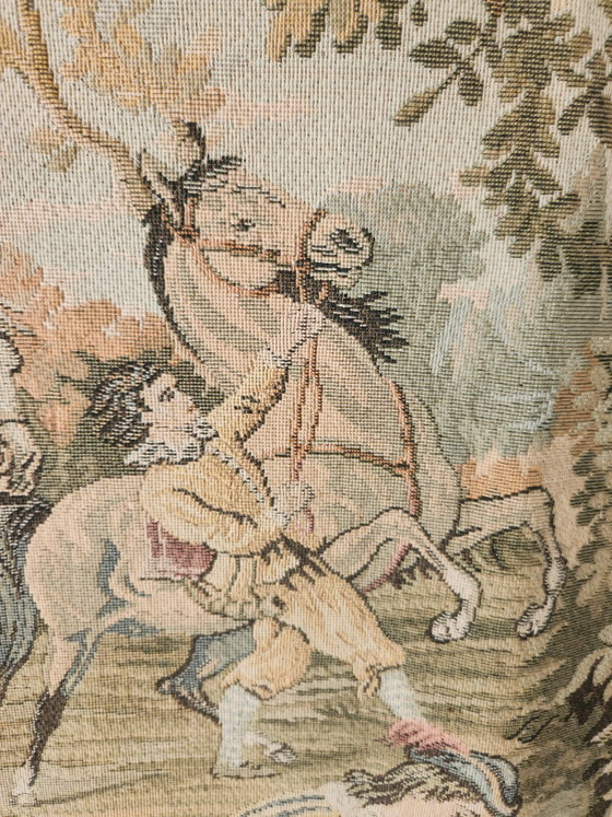 Duits wandtapijt van Gobelin Jacquard in de stijl van Aubusson. Tapijt met een elegant jachtlandschap in (photo 17 of 30)