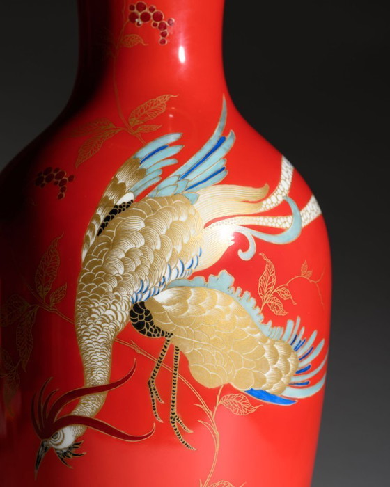 Image 1 of Rosenthal Porcelain Floor Vase Chinoiserie Phoenix Decor Red & Gold Germany 1938