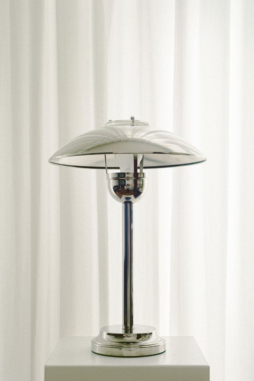Vintage Atrium Mushroom Lamp, 1970s Chrome Opal Glass Bauhaus Desk Light
