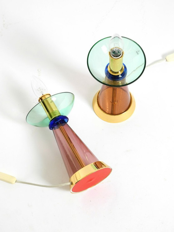 Image 1 of Deux lampes de table rares en verre de Murano italien des années 1980, au design Memphis postmoderne | Vetri Murano