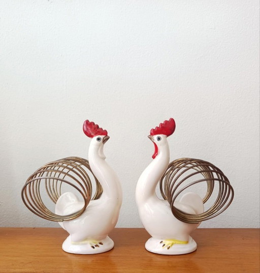 2x Kartenhalter Hahn aus Keramik Vintage 1960