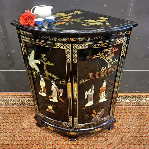 Vintage Chinese Corner Cabinet Lacquerwork Soapstone (Oriental Cabinet) (Also Delivered) Chinese Corner Cabinet