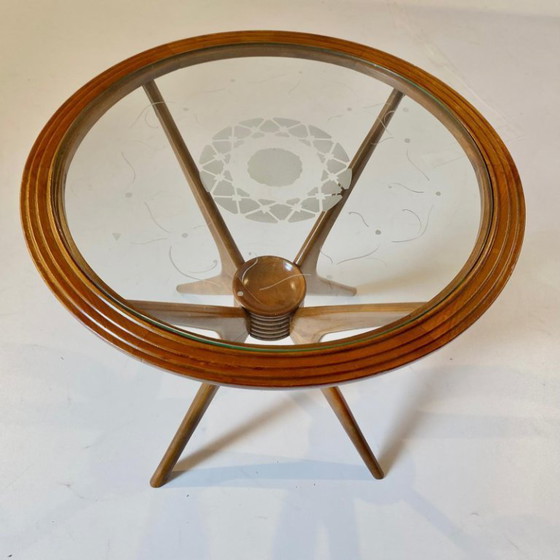 Image 1 of 1x Gebogener Couchtisch aus Holz mit Spinnenbeinen, Holz & Glas, Italien, 1950er Jahre