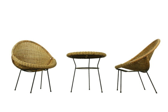 Image 1 of 1950s Italian Rattan Basket Chairs & Matching Bistro Table Set