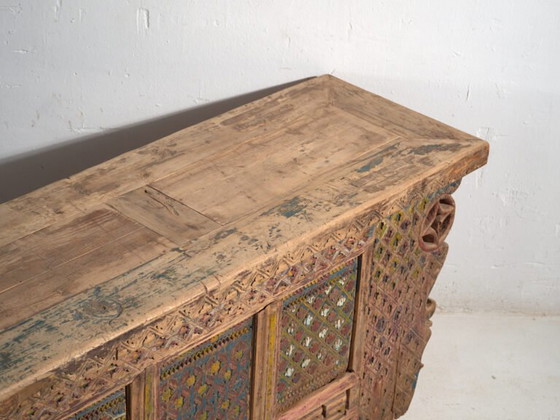 Antique Chinese carved fir low sideboard with ornate panels – Gansu, circa 1930 (photo 13 of 40)