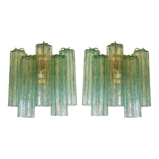 Contemporary Green “Tronchi” Murano Glass Wall Sconce in Venini Style - a Pair