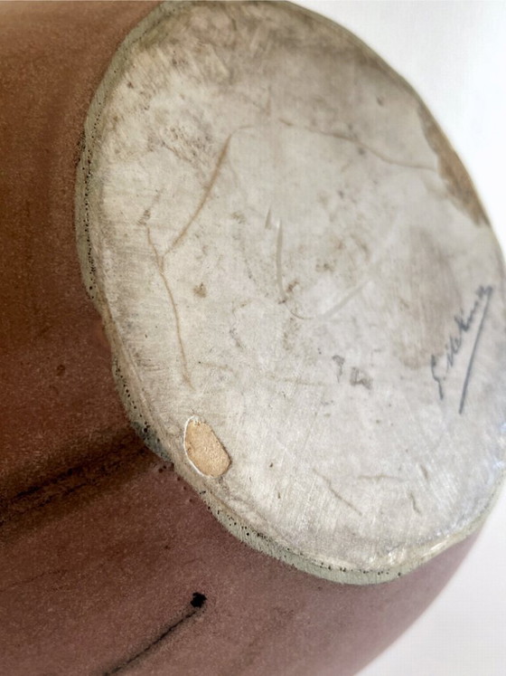 Image 1 of Stoneware vase signed Méténier, double handle, pink and black flamed glaze – 22 cm