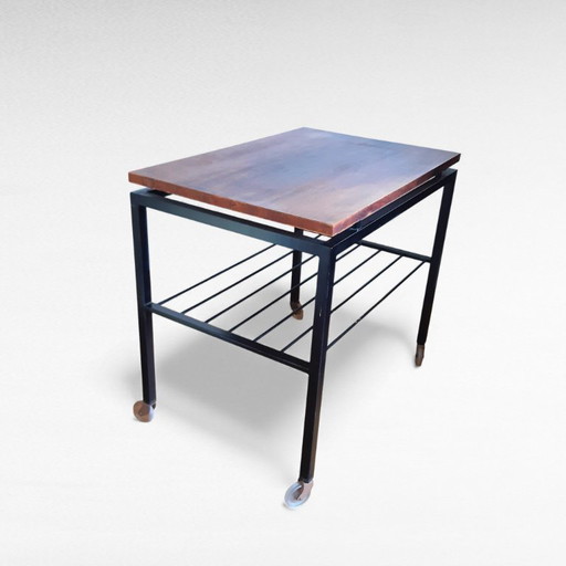 Vintage design serveertrolley teakhoutfineer metalen frame