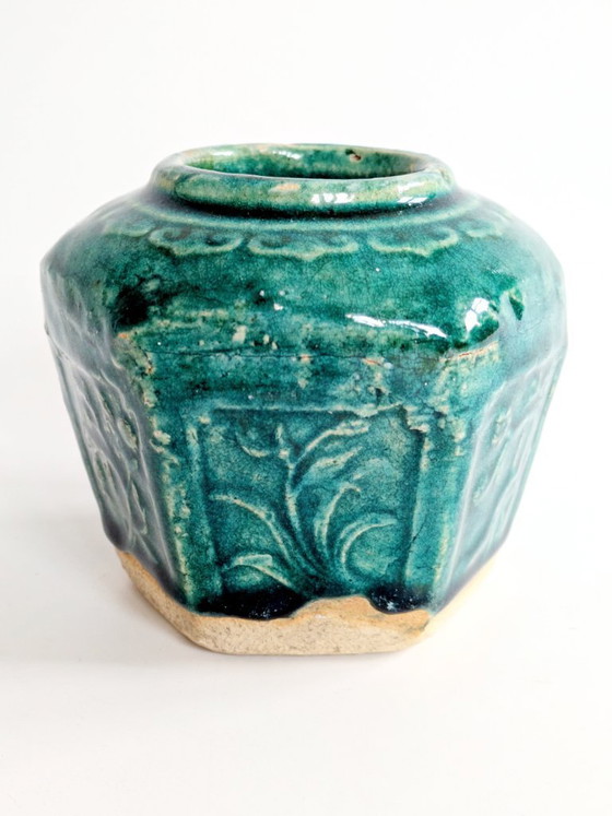 Image 1 of Pot à gingembre Shiwan chinois vintage, récipient hexagonal en faïence émaillée verte, pièce de collection