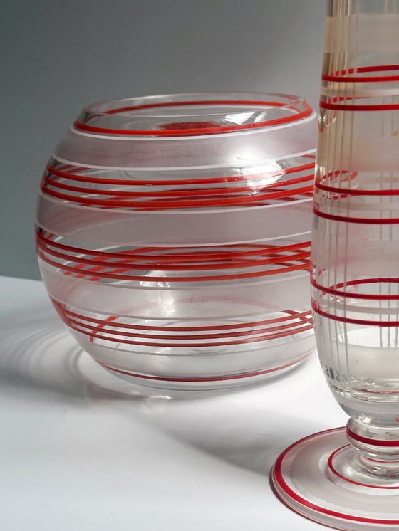 Image 1 of Vintage Bauhaus vase set glass stripes decor 20s 30s Art Deco vase hand-painted red orange white Lausitzer Loetz 1920s / 1930s
