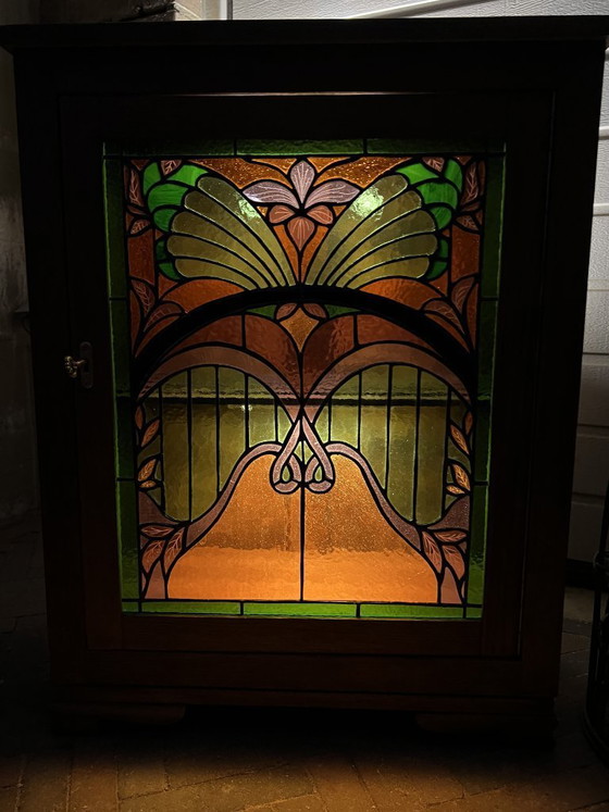Image 1 of Art Nouveau eiken kastje met handgemaakt glas-in-lood | Uniek stuk