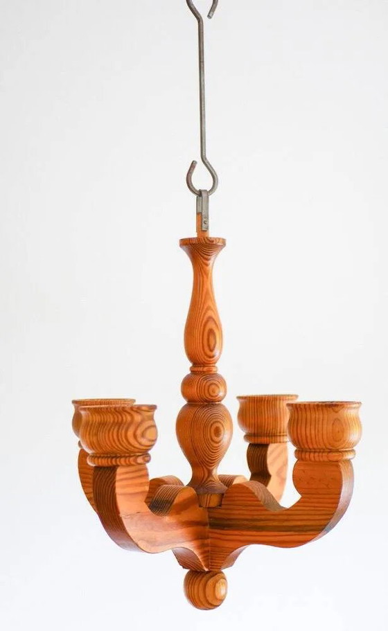 Image 1 of Bougeoir lustre suspendu rustique en bois de Smålandsslöjd, Suède, 1975