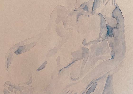 Image 1 of Monochrome blue watercolor of the statue "The Kiss" by Auguste Rodin