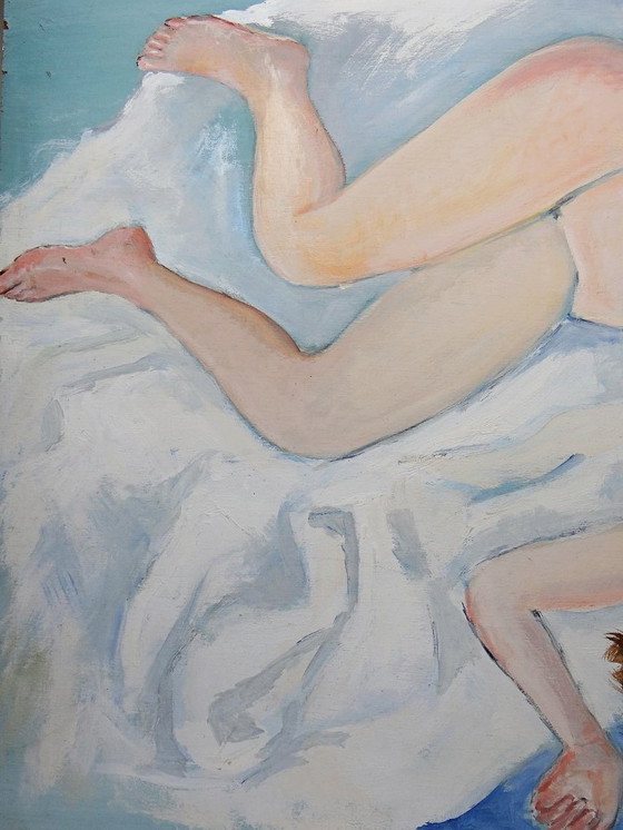 Image 1 of Naakt schilderij van een slapende vrouw, moderne olieverf op paneel, vintage