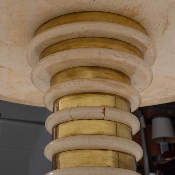 Image 1 of Travertine and Brass Pedestal Dinning Table Marzio Cecchi 