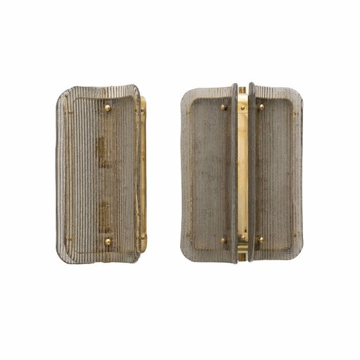 Pair of Curved, Smoked Ribbed Murano Glass and Brass Wall Sconces